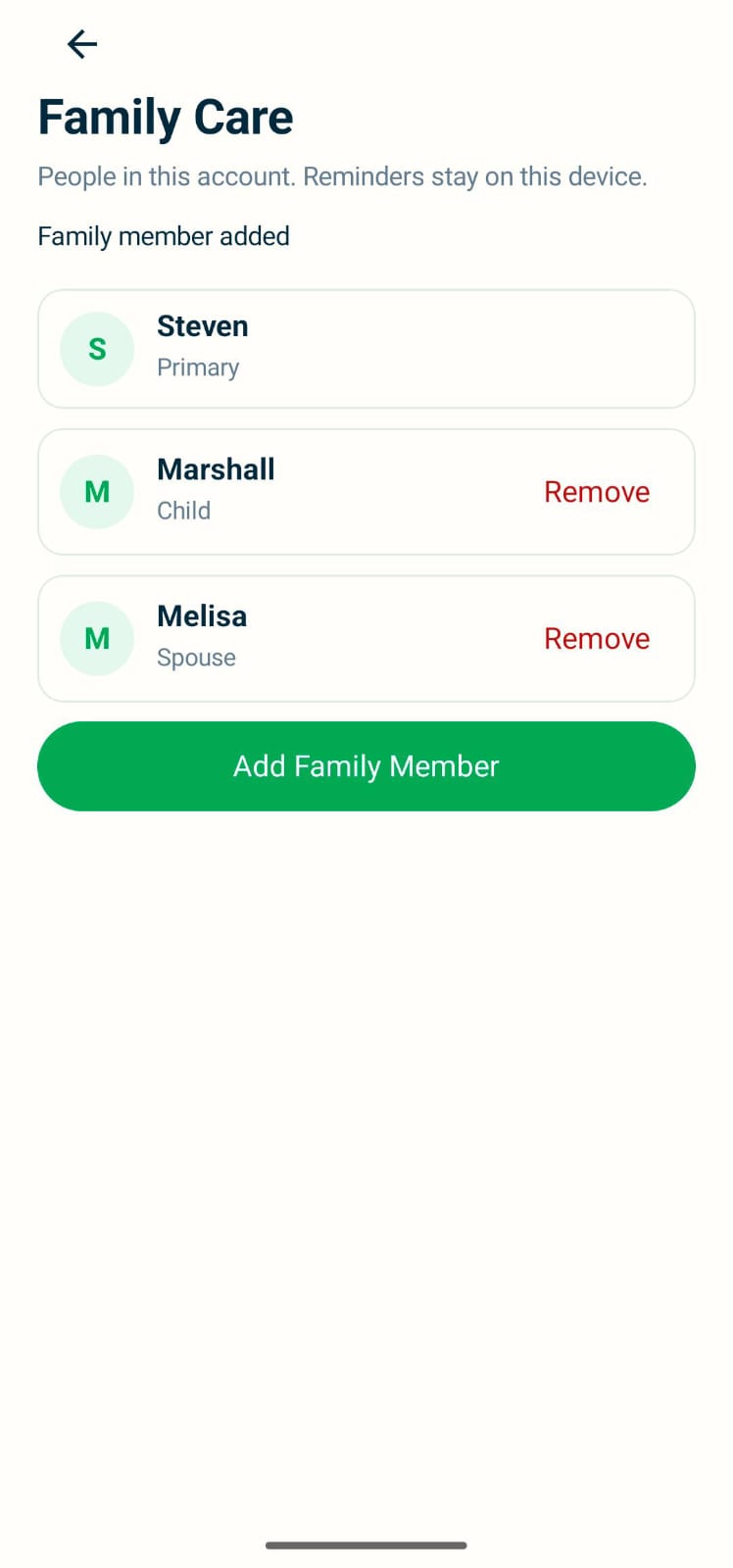 NISA MED Family Care screen with a primary profile and family members. Reminders stay on this device.