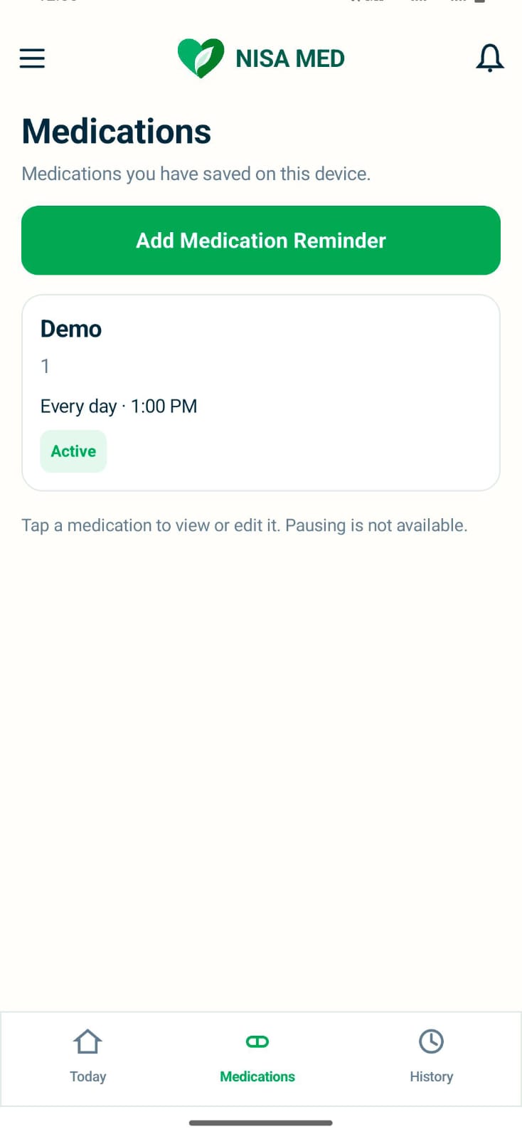 NISA MED Medications screen. A Demo medication is scheduled every day at 1:00 PM and saved on this device.
