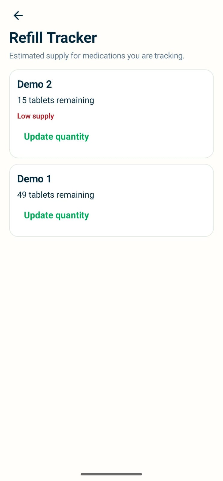 NISA MED Refill Tracker. Demo 2 has 15 tablets remaining and is marked low supply. Demo 1 has 49 tablets remaining.
