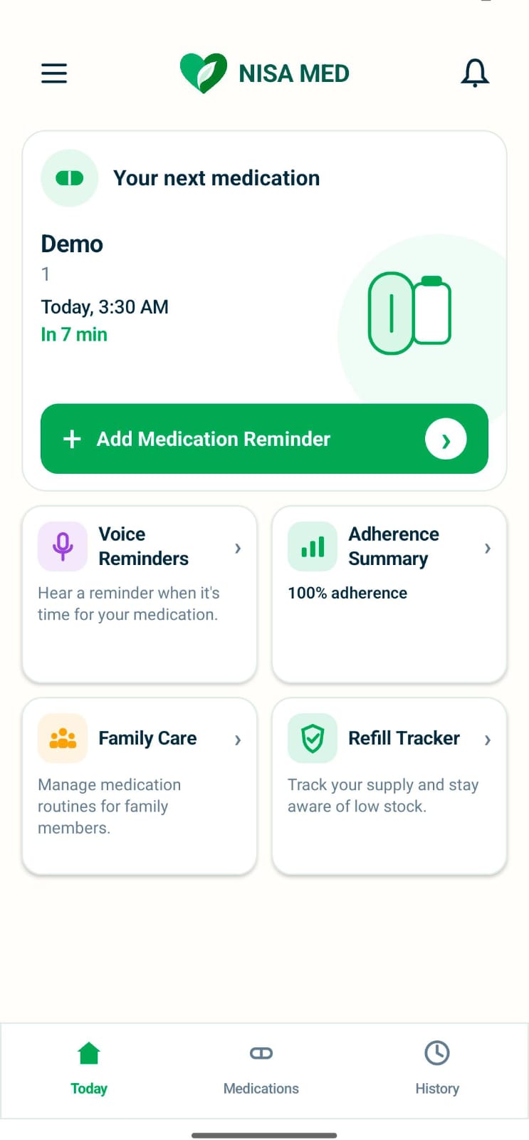 NISA MED Today screen. The next medication is Demo, scheduled today at 3:30 AM, with voice reminders, adherence, family care, and refill tracking.